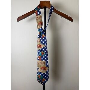 Save The Children MensNeck Tie Pizza Gingham Plaid Blue 100% Silk Made in USA